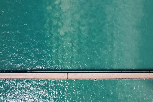 Colour Top down drone photo of pier over ocean