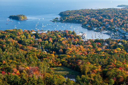 Scenic view of Camden from Camden Hill State Park in Autumn, Maine, USA