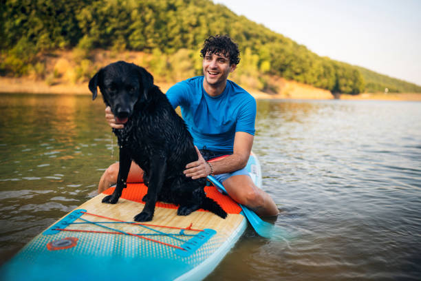 Man with his dog an Black Labrador, sitting on a standup paddleboard on a lake Young Caucasian man with his dog, a Black Labrador, sitting on a standup paddleboard on a lake paddleboard stock pictures, royalty-free photos & images
