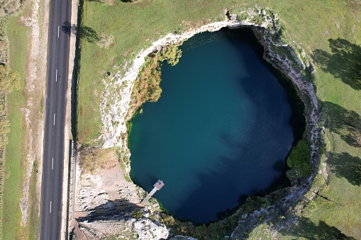 Aerial view of little blue lake at Mount Gambier in South Australia