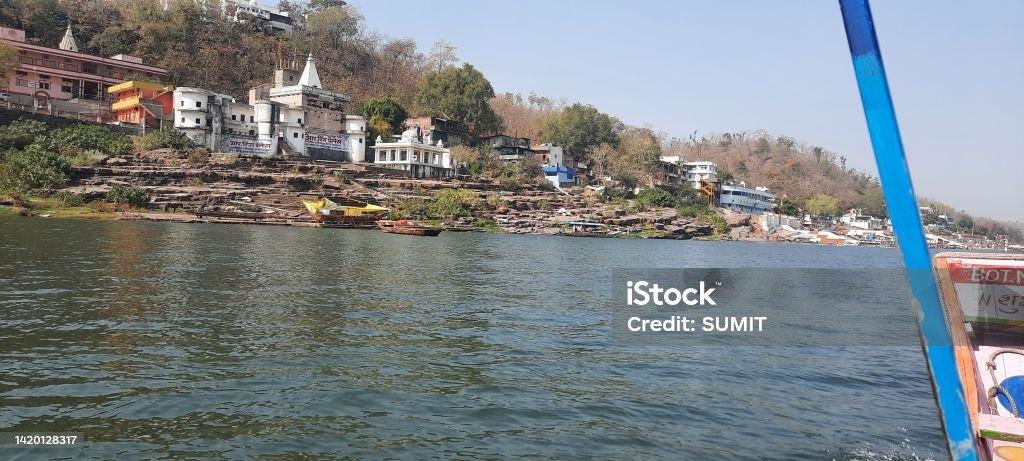Boat view of omkareshwar Narmada river Architecture Stock Photo