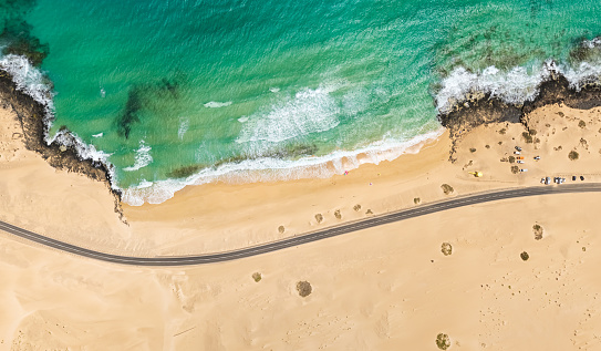 Top down aerial view of Corralejo Park coast, Fuerteventura, Spain