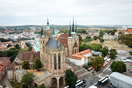 Aerial view of the cathedral and the Severi church in Erfurt