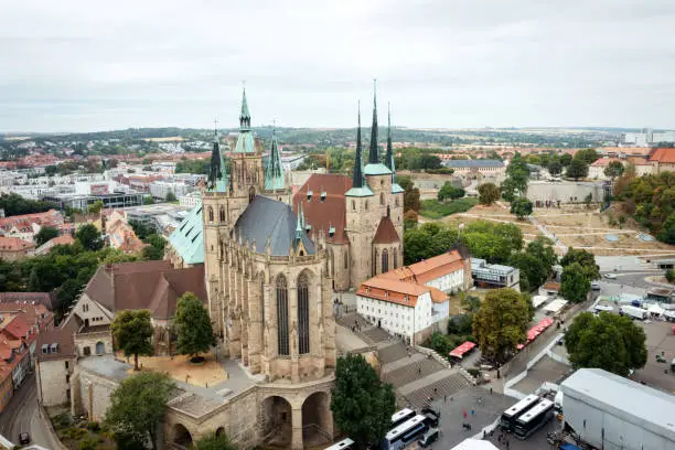 Aerial view of the cathedral and the Severi church in Erfurt on the edge of the cathedral square in the historic old town.