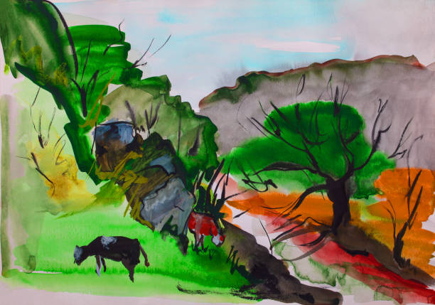 istock illustration painting with watercolor  landscape mountain slopes with grass and trees pastures grazing cows against a sky 1420130597