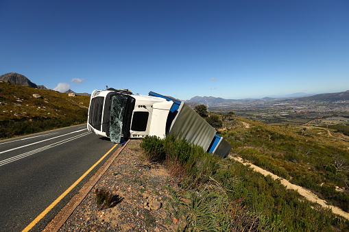 A lorry left the road and overturned on Du Toits Kloof Pass near Paarl, Western Cape, South Africa.
