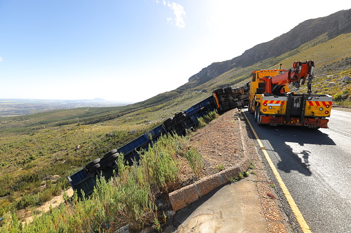 A lorry left the road and overturned on Du Toits Kloof Pass near Paarl, Western Cape, South Africa.
