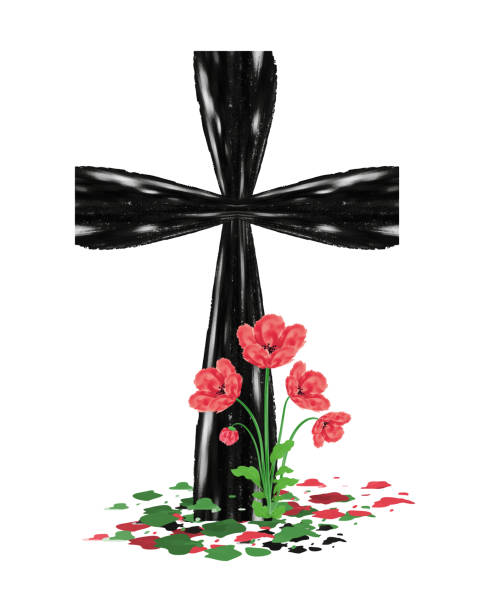 Black cross and poppy flowers Headstone with poppy flowers Black cross and poppy Watercolor design element Vector illustration for Remembrance Day, Anzac Day Isolated on white background military funeral stock illustrations