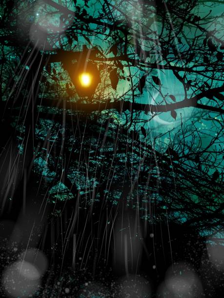 пейзажная иллюстрация силуэтов уличных фонарей и мертвых ветвей, сияющих вечером и бесшумно падающего дождя - leaf dead plant paper craft stock illustrations