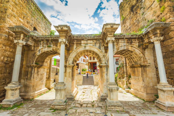 View of Hadrian's Gate in old city of Antalya stock photo