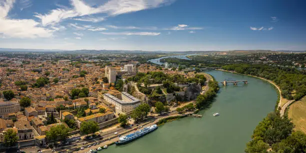 Saint Benezet bridge and Rhone river aerial panoramic view in Avignon,  France
