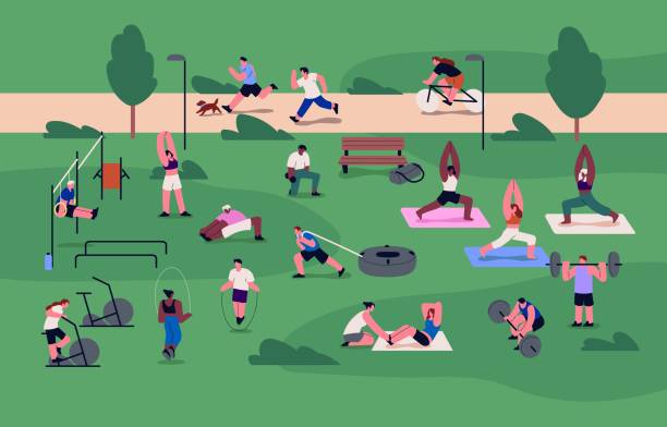 Street workout park. People training, doing different exercises, physical cardio and strength activities outdoors at wellness sport ground with facilities, fitness equipment. Flat vector illustration.