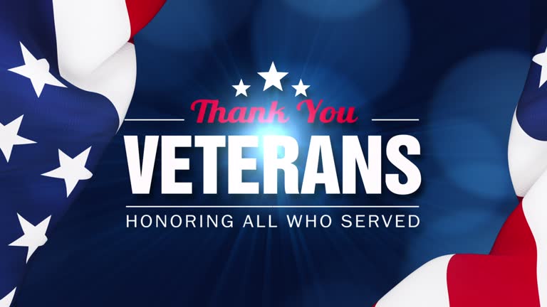 Veterans Day message over blue bokeh background behind rippled American flag. 4K Resolution. Horizontal composition and front view.