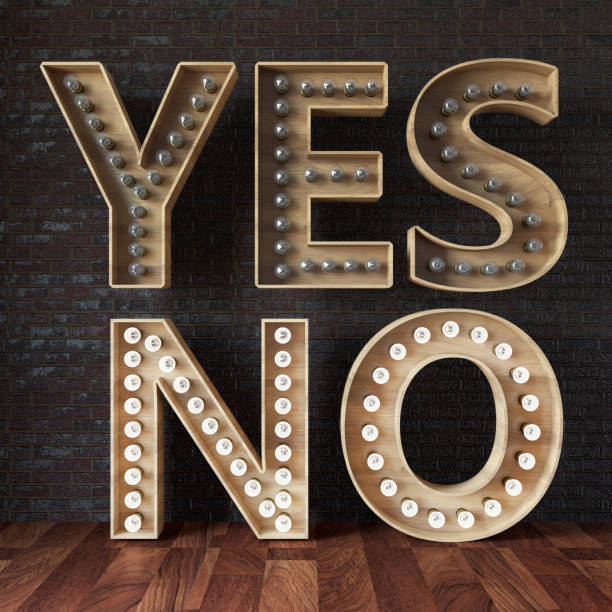 istock Yes and No Light Bulb Sign with Black Brick Wall 1420138835