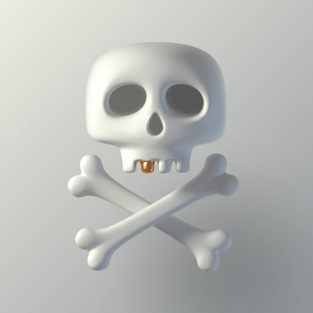 Bекторная иллюстрация Человеческий мультяшный череп с золотым зубом и скрещенными костями. 3d рендер черепа. Векторная иллюстрация.