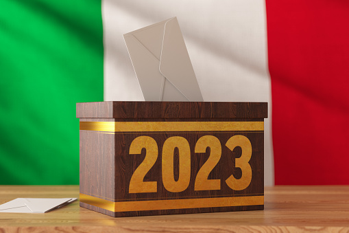 2023 Elections Concept with Italy Flag and Ballot Box. 3D Render