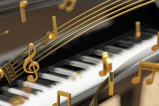 Golden Musical Notes with a Piano as a Background. 3D Render