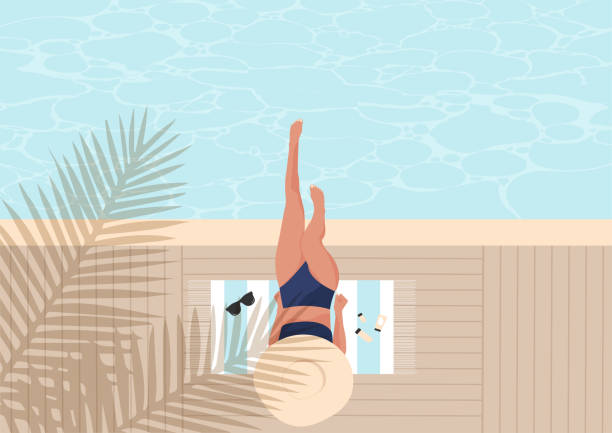 ilustraciones, imágenes clip art, dibujos animados e iconos de stock de ilustración plana vectorial de banner de fiesta en la piscina. chica en traje de baño descansando junto a la piscina, tomando el sol. - swimming exercising women back