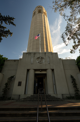 San Francisco, United States: February 18, 2022: American Flag Waves Below Coit Tower