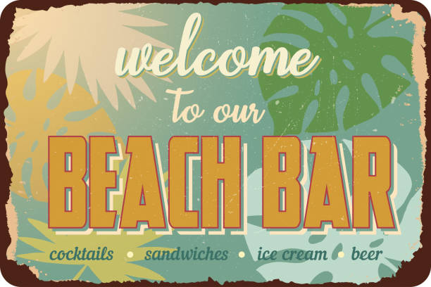illustrazioni stock, clip art, cartoni animati e icone di tendenza di vintage grunge retro segno benvenuti nel nostro bar sulla spiaggia - big island isola di hawaii