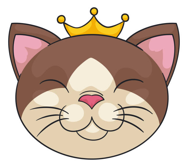 Happy cat face with closed eyes and wearing a tiny crown, Vector illustration Smiling cat face with closed eyes and wearing proud a tiny crown, isolated over white background. cat muzzle meowing cartoon stock illustrations