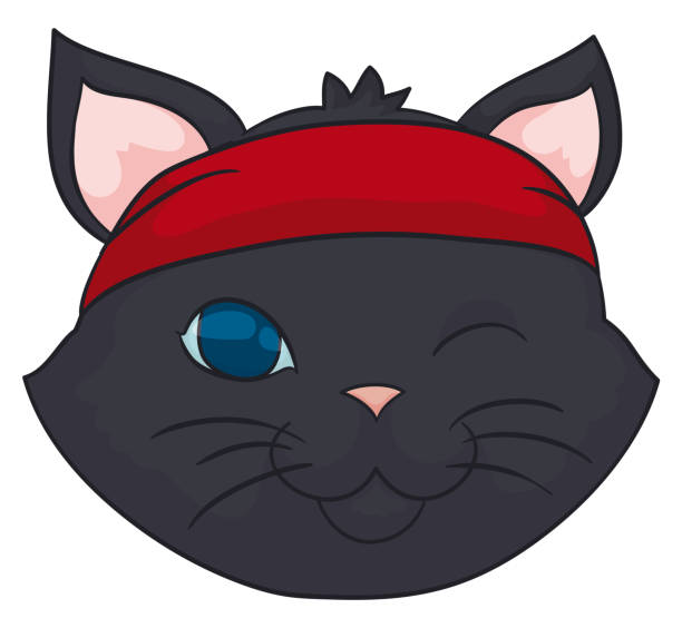 Tender black cat winking at you and wearing red bandana, Vector illustration Face of black cat with blue eyes winking at you and wearing a red bandana. cat muzzle meowing cartoon stock illustrations