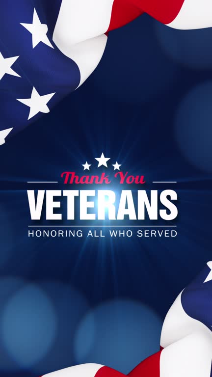 Veterans Day message over blue bokeh background behind rippled American flag. 4K Resolution. Vertical composition and front view.