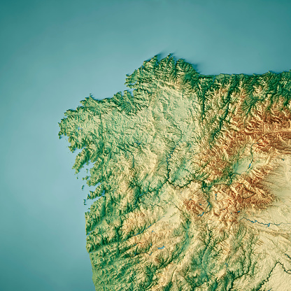 3D Render of a Topographic Map of Galicia, Spain. \nAll source data is in the public domain.\nColor texture: Made with Natural Earth. \nhttp://www.naturalearthdata.com/downloads/10m-raster-data/10m-cross-blend-hypso/\nRelief texture and Rivers: NASADEM data courtesy of NASA JPL (2020). \nhttps://doi.org/10.5067/MEaSUREs/NASADEM/NASADEM_HGT.001 \nWater texture: SRTM Water Body SWDB:\nhttps://dds.cr.usgs.gov/srtm/version2_1/SWBD/