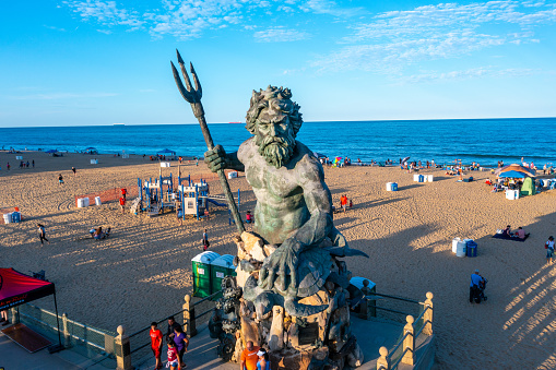 Virginia Beach Virginia - September 4, 2021: Aerial View of the King Neptune Statue and the Beach at the Virginia Beach Oceanfront