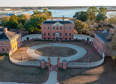 New Bern, North Carolina - January 19 2022: Aerial view of the Historic Governors Palace Tryon Place in New Bern