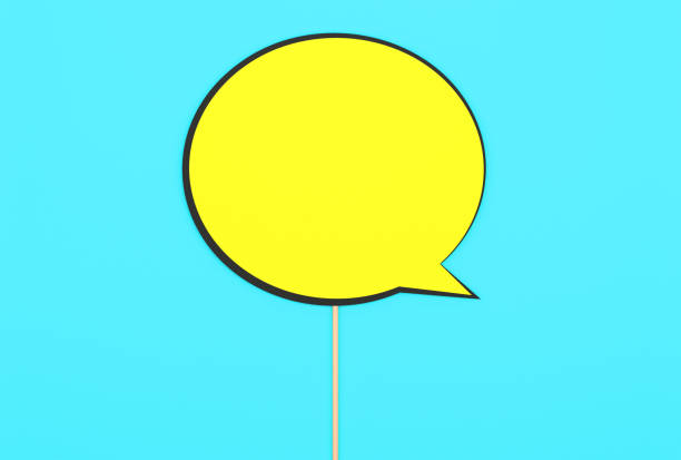 Empty Yellow speech bubble attached to wooden stick on blue background. Connection and Communication Concept.