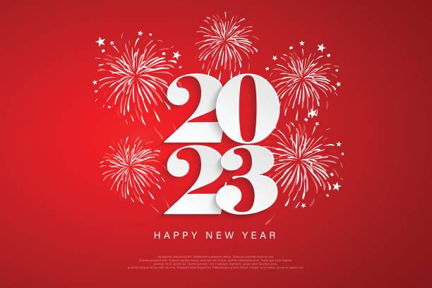 ilustraciones, imágenes clip art, dibujos animados e iconos de stock de feliz año nuevo 2023 diseño de números para carteles, folletos, pancartas, sitios web, sobre fondos rojos y fuegos artificiales. ilustración vectorial - new year