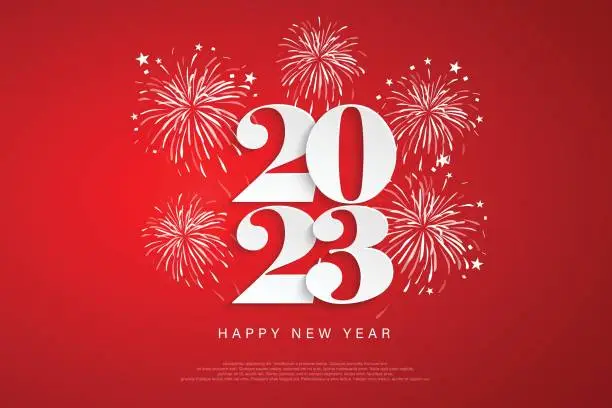 Vector illustration of Happy New Year 2023 number design for posters, brochures, banners, websites, on red backgrounds and fireworks. Vector illustration