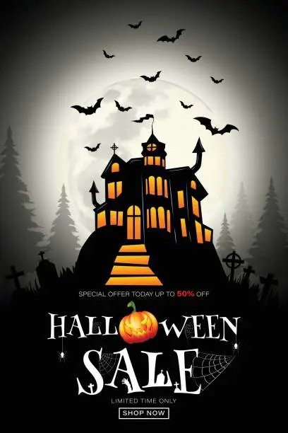 Vector illustration of Halloween 50% off Sale Promotion Poster or banner with Halloween Pumpkin and haunted castle, bats,grave. on white background. Vector illustration