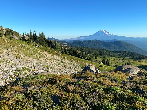 The Goat Rocks Wilderness in Washington State offers striking views of the state's second highest peak, Mount Adams.