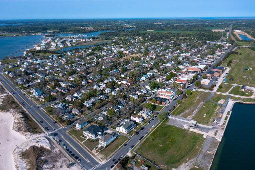 Aerial view of the town of Cape Charles Virginia looking Northeast from the Chesapeake Bay with a grid