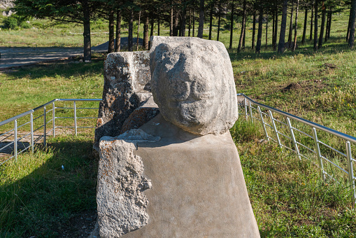 Lion head sculpture in Hattusa is an ancient city located near modern Bogazkale in the Corum Province of Turkeys Black Sea Region.