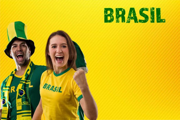 Brazilian Fans, couple Celebrating stock photo