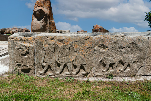 View of Sphinx Gate with some sculptures around it from Hittite period in Alacahöyük. Corum, Turkey