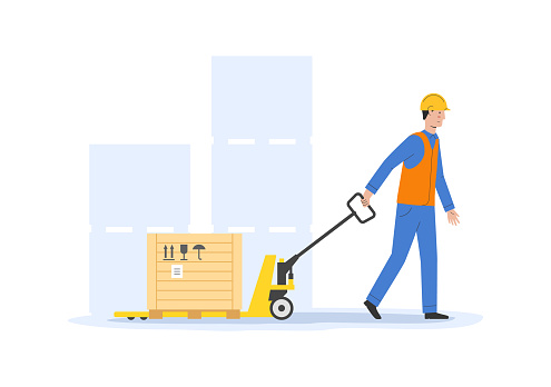 Concept Of Warehouse. Storehouse Worker In Uniform Loading Cardboard Boxes With Pallet Truck Stacker Od Pallet Jack. Delivery Service With Courier. Cartoon Linear Outline Flat Vector Illustration.