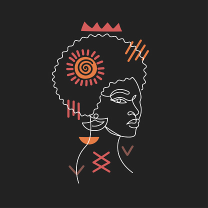 Face of an Afro American woman in a modern abstract minimalist one line style with minimal shapes. Continuous black line of an African girl simple drawing. Isolated on black. Vector illustration.