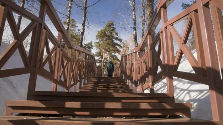 Female legs in winter shoes walking up on wooden steps outdoor. Back view woman in winter coat and shoes walking up staircase in park.