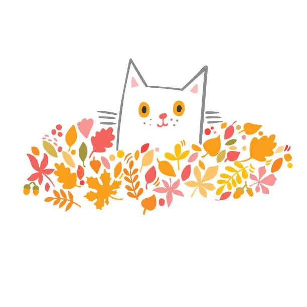 Vector illustration of Cat in autumn leaves