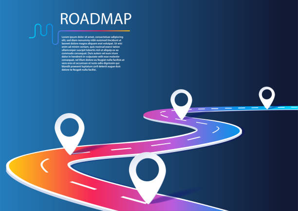 stockillustraties, clipart, cartoons en iconen met roadmap infographic with milestones. business concept for project management or business journey. vector illustration of a winding road in dark mode design. - roadmap infographic
