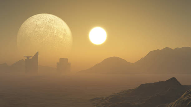 istock 3D surreal science fiction landscape with planets and buildings in desert 1420165934