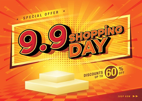 9.9 Shopping Day Sale Banner Template design special offer discount, Shopping banner template, Abstract Shopping day Web Header template design for Sale and discount labels. Product stand Display promotion.