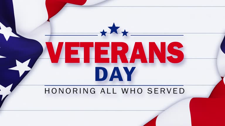 Veterans Day message over white wood background behind rippled American flag. 4K Resolution. Horizontal composition and front view.