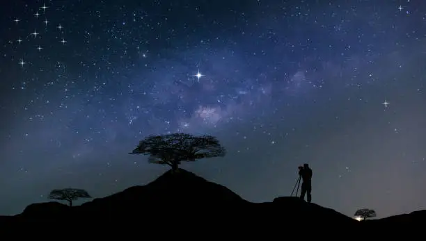 Traveler Man Silhouette Stand Top Mountain.Panorama blue night sky milky way and star on dark background.Universe filled with stars, nebula and galaxy with noise and grain.