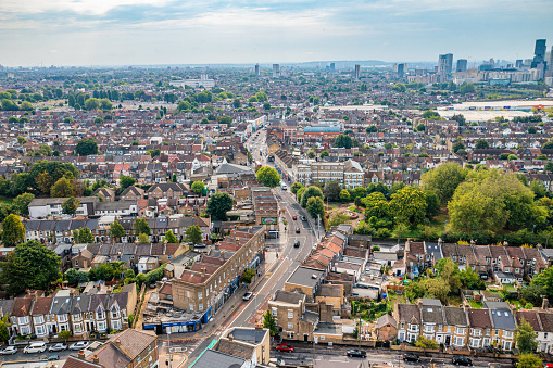 Aerial photo from a drone of Leyton High Street, High Road, Leyton, East London, Waltham Forest, London, UK.