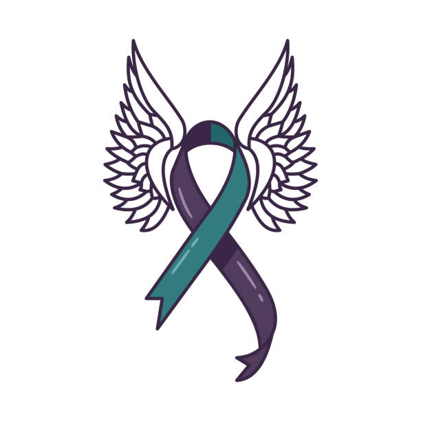 Teal purple ribbon for suicide prevention awareness with wings. Teal purple ribbon for suicide prevention awareness with wings. Flat style illustration. Isolated. self harm stock illustrations